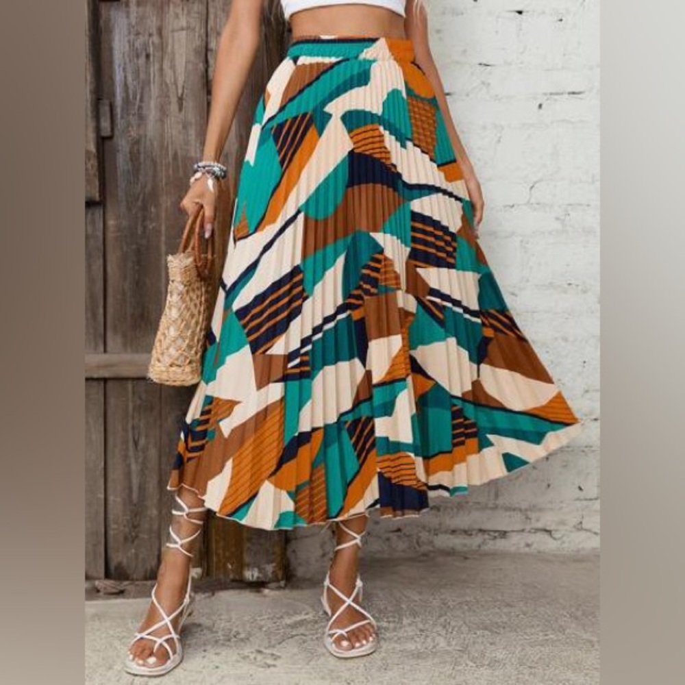 SHEIN Blue and Orange Pleated A-Line Midi Skirt Resort Wear